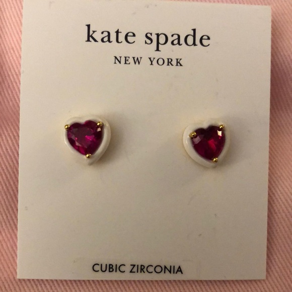 Kate Spade Sweetheart Heart Shaped Stud Earrings White Frame Red CZ Accent NWT - Picture 2 of 14